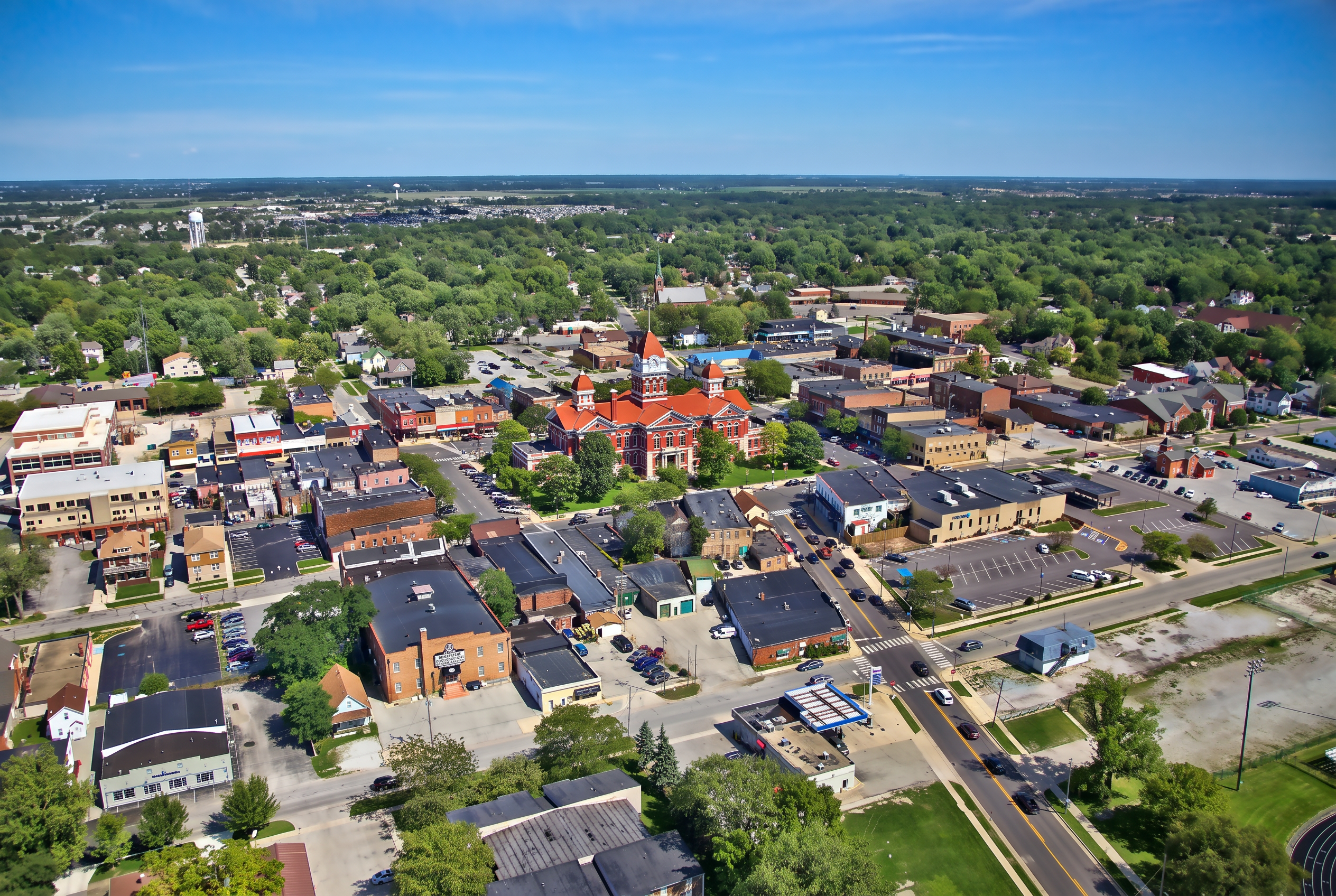 Aerial view of historic downtown Crown Point, Indiana with the Old Lake County Courthouse on the square
